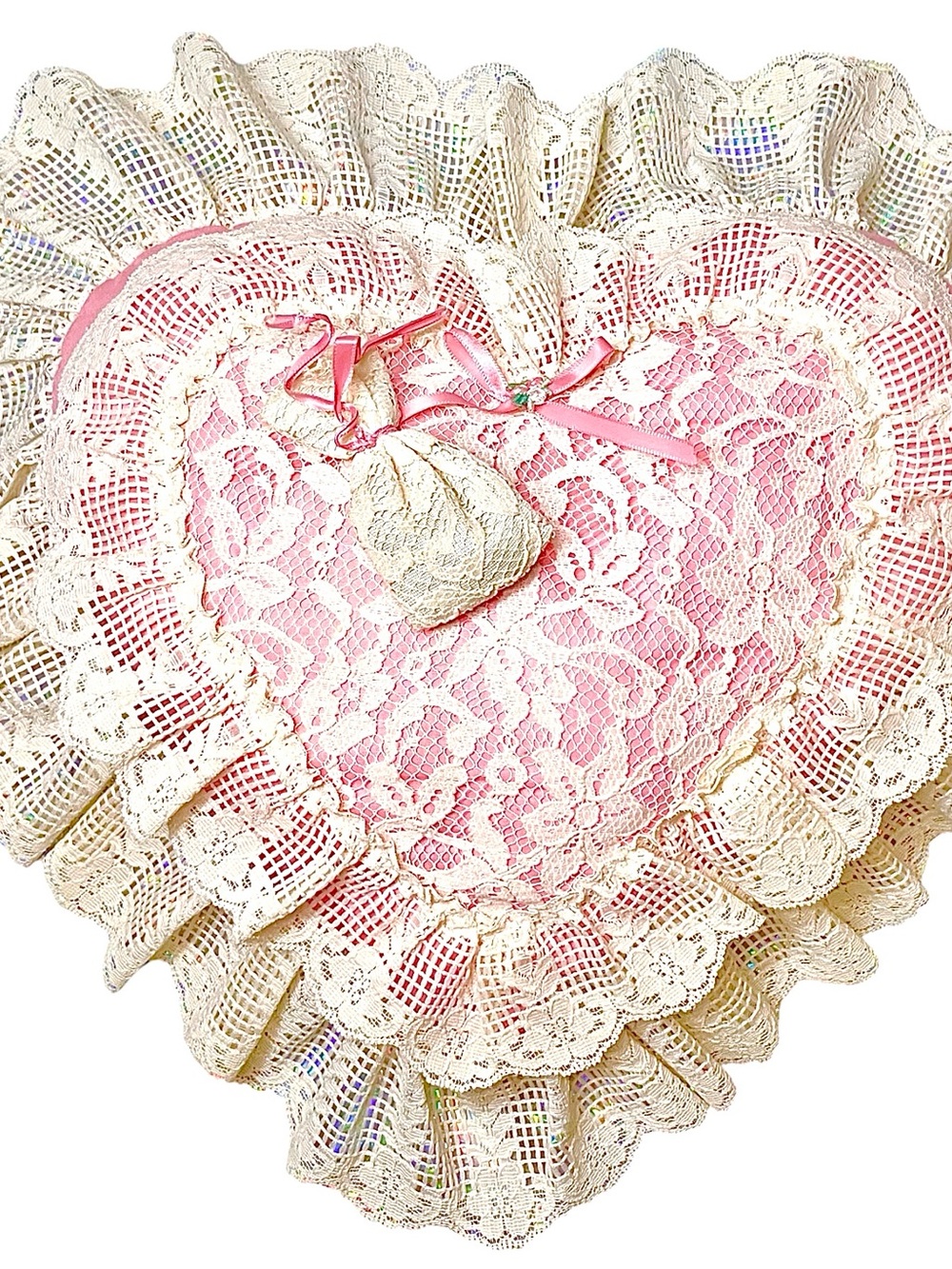 Vintage Victorian Heart Throw Pillow Pink Lace Ruffle Cottagecore Shabby Decor